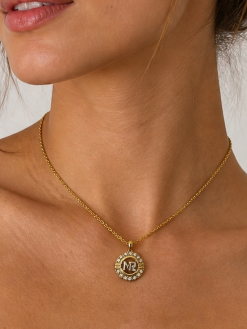 Vintage Nina Ricci NR Logo Pendant Necklace Gold Tone Crystal Halo Short Chain